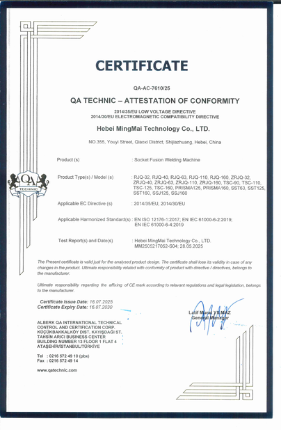 Chine Hebei Mingmai Technology Co.,Ltd certifications