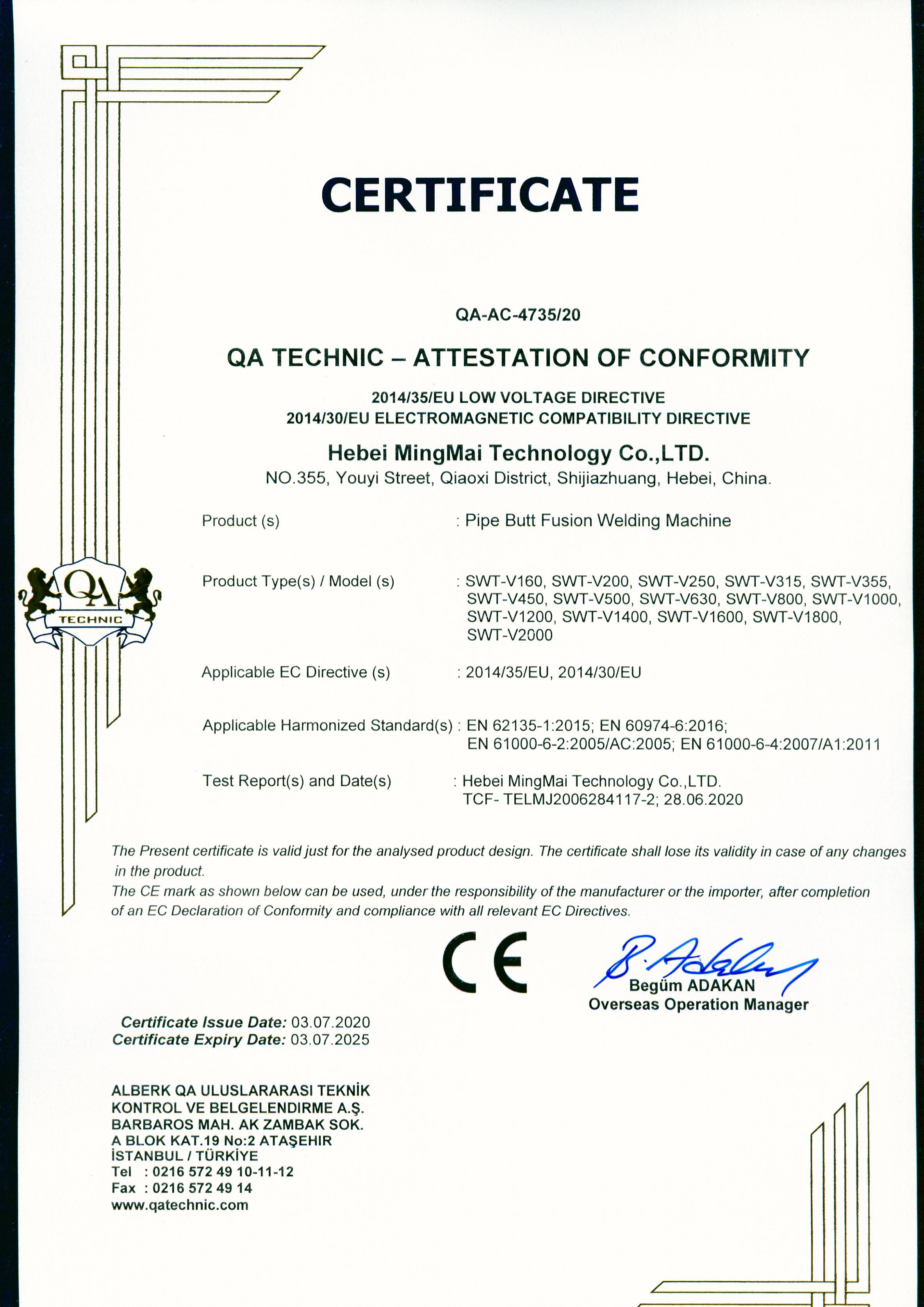 Chine Hebei Mingmai Technology Co.,Ltd Certifications