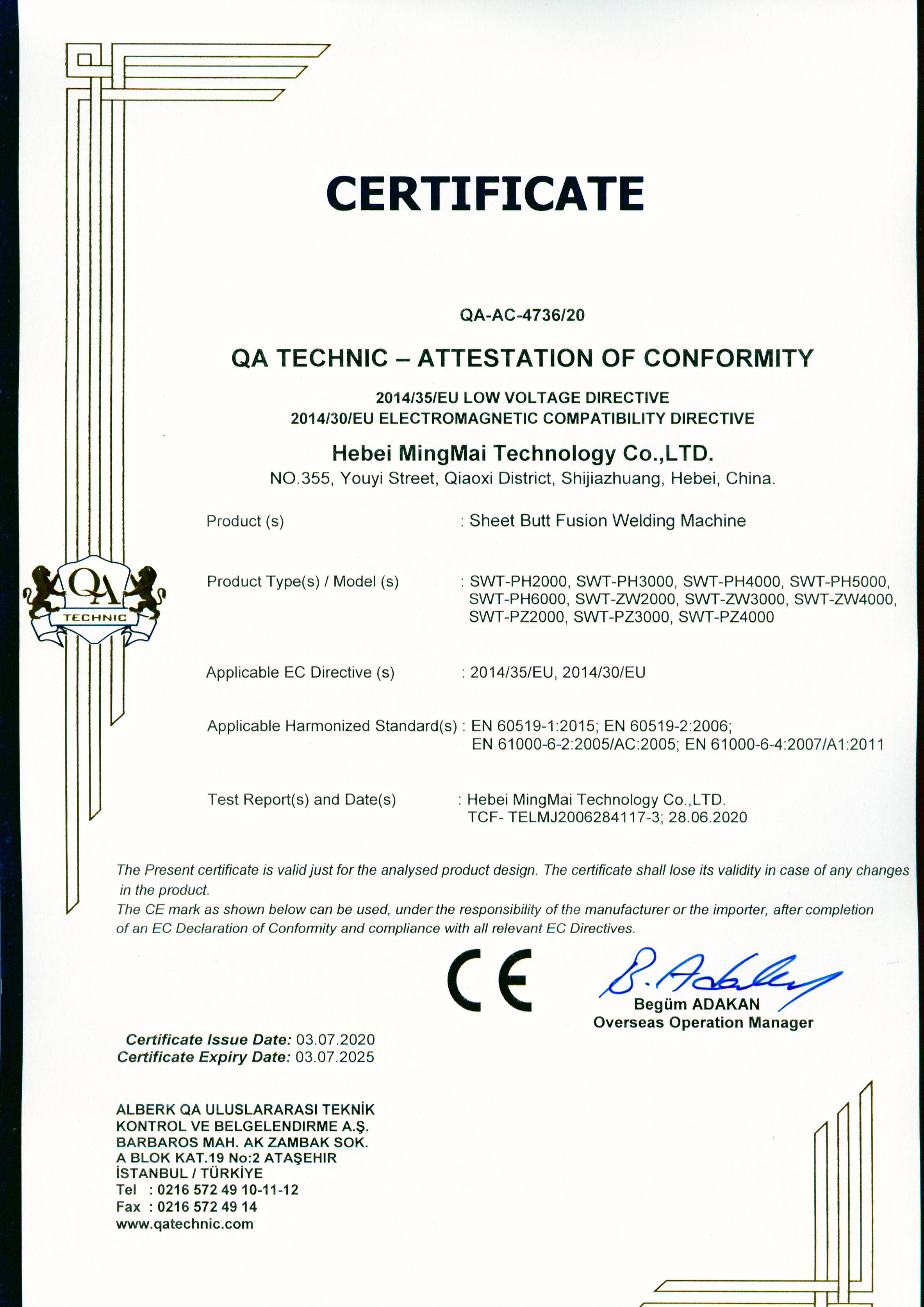 Chine Hebei Mingmai Technology Co.,Ltd Certifications